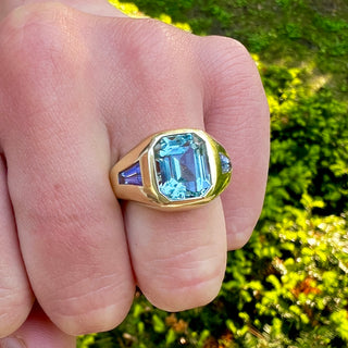 Emerald Cut Aquamarine and Tanzanite Baguette Olena Ring