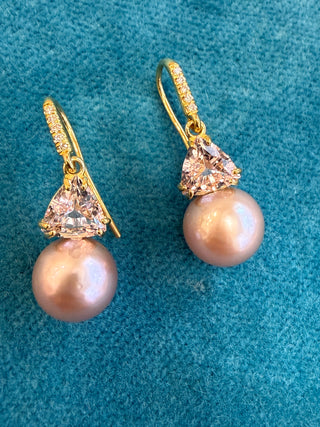 Trillion Shaped Morganite and Pearl Two Stone Joyce Earrings