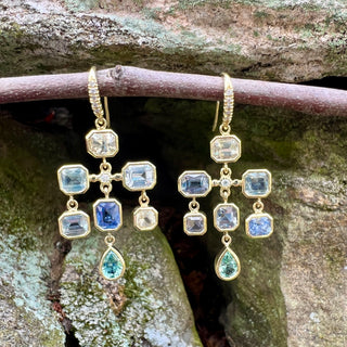 Multicolor Sapphire and Pear Shaped Lagoon Tourmaline Chandelier Earrings