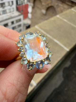 Cushion Cut Madagascar Moonstone and Montana Sapphire Posy Ring