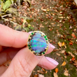 Oval Boulder Opal and Tsavorite Sprinkle Ring