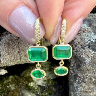 Emerald Cut and Oval Emerald Bezel Set Two Stone Joyce Earrings