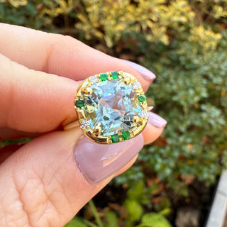 Cushion Aquamarine and Tsavorite Sprinkle Ring