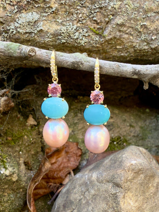 Malaya Garnet, Turquoise and Freshwater Pearl Joyce Earrings