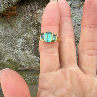 Emerald Cut Blue and Green Tourmaline Triad Ring