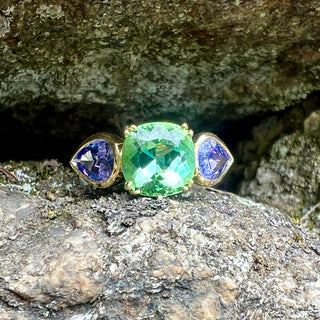 Green Tourmaline and Tanzanite Triad Ring