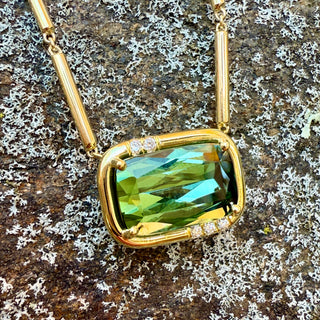 Cushion Cut Green Tourmaline Sprinkle Frame Necklace