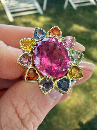 Pink Tourmaline Blossom Ring with Multicolor Sapphires