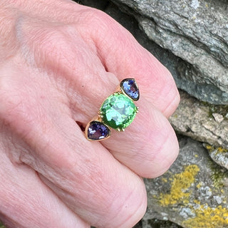 Green Tourmaline and Tanzanite Triad Ring