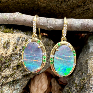 Oval Boulder Opal and Tsavorite Sprinkle Earrings