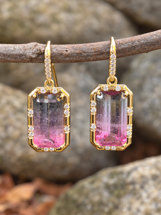 Emerald Cut Watermelon Tourmaline Sprinkle Earrings