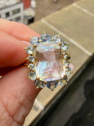 Cushion Cut Madagascar Moonstone and Montana Sapphire Posy Ring