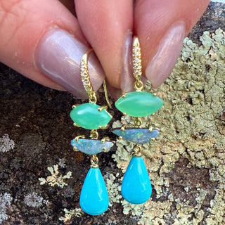 Chrysoprase, Boulder Opal and Sleeping Beauty Turquoise Briolette Earrings