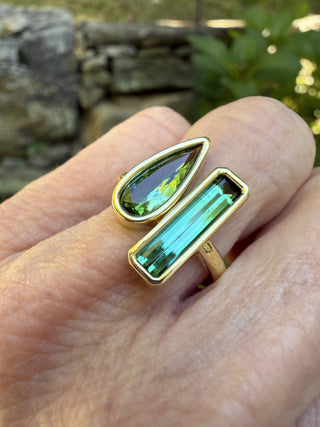 Elongated Pear Shape and Emerald Cut Green Tourmaline Duet Ring