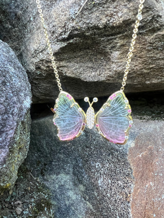 Carved Tricolor Tourmaline Butterfly and Pink Sapphire Sprinkle Necklace