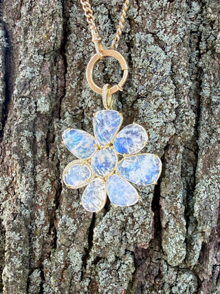 Rainbow Moonstone and Diamond Flower Gemma Pendant