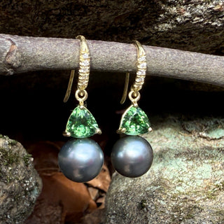 Green Tourmaline with South Sea Tahitian Pearl Earring