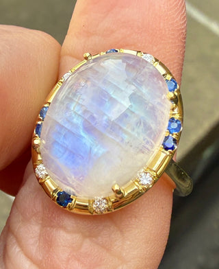 Rainbow Moonstone and Blue Sapphire Sprinkle Ring