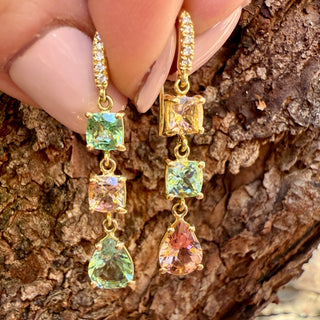 Green and Pink Tourmaline Three STone Joyce Earrings