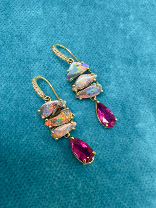 Boulder opal and Pink Tourmaline Four Stone Joyce Earrings