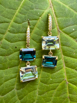 Emerald Cut Blue Topaz and Aquamarine Hi Lo Joyce Earrings