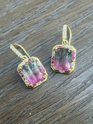 Bicolor Tourmaline, Pink Sapphire and Diamond Sprinkle Earrings