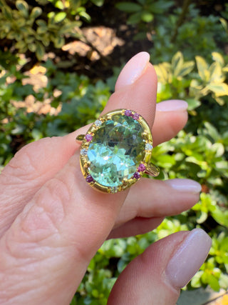 Oval Green Tourmaline and Pink Sapphire Sprinkle Ring