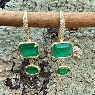 Emerald Cut and Oval Emerald Bezel Set Two Stone Joyce Earrings