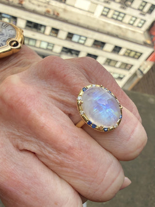 Rainbow Moonstone and Blue Sapphire Sprinkle Ring