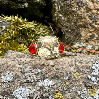 Golden Tourmaline and Fire Opal Triad Ring