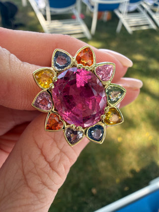 Pink Tourmaline Blossom Ring with Multicolor Sapphires