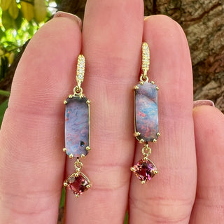 Boulder Opal and Cushion Cut Pink Tourmaline Earrings