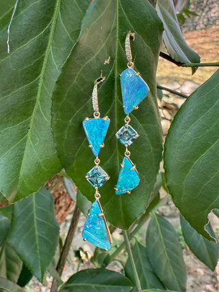 Boulder Opal and Blue Zircon Three Stone Joyce Earrings
