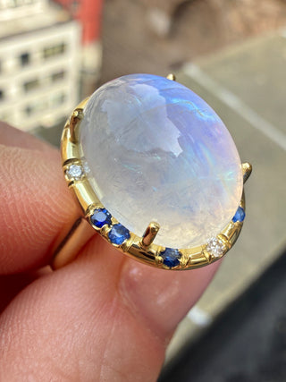 Rainbow Moonstone and Blue Sapphire Sprinkle Ring