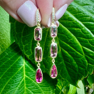 Pink Tourmaline Bezel Set Three Stone Joyce Earrings