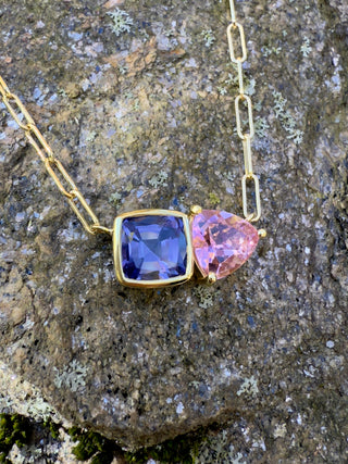 Cushion Cut Tanzanite and Pink Tourmaline Trillion Duet Necklace