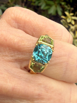 Blue Zircon and Peridot Triad Ring