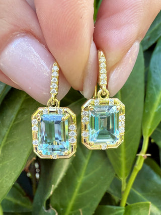 Emerald Cut Aquamarine Sprinkle Earrings