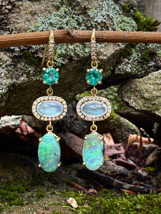 Emerald, Rainbow Moonstone and Boulder Opal Gemma Earrings