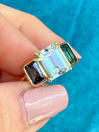 Emerald Cut Aquamarine and Blue Topaz Triad Ring