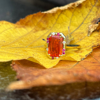 Emerald Cut Fire Opal and Pink Sapphire Sprinkle Ring