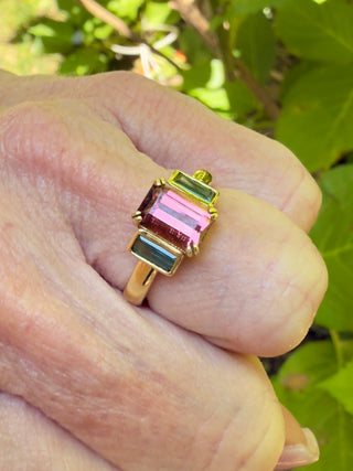 Emerald Cut Pink and Green Tourmaline Triad Ring