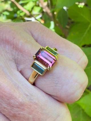 Emerald Cut Pink and Green Tourmaline Triad Ring