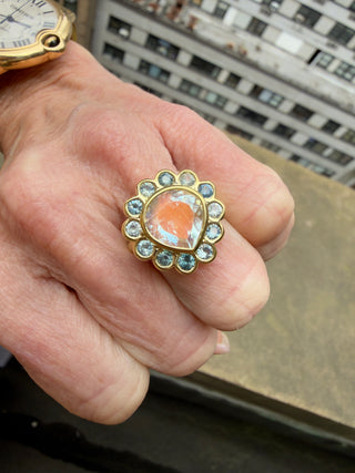 Pear Shape Madagascar Moonstone and Montana Sapphire Blossom Ring