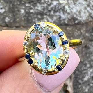 Oval Aquamarine and Blue Sapphire Sprinkle Ring