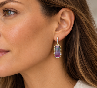Emerald Cut Watermelon Tourmaline Sprinkle Earrings
