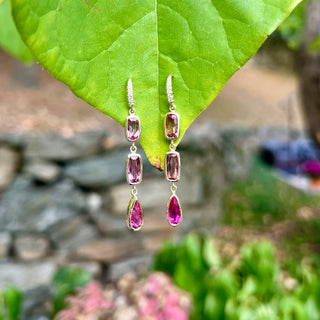 Pink Tourmaline Bezel Set Three Stone Joyce Earrings