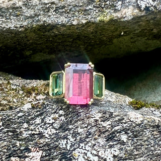 Emerald Cut Pink and Green Tourmaline Triad Ring