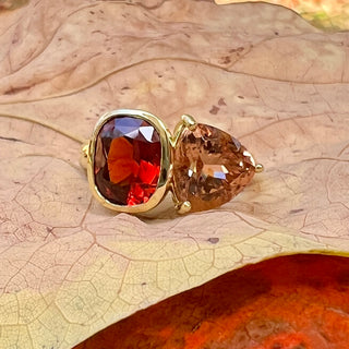 Garnet and Peach Tourmaline Half Bezel Duet Ring