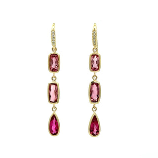 Pink Tourmaline Bezel Set Three Stone Joyce Earrings